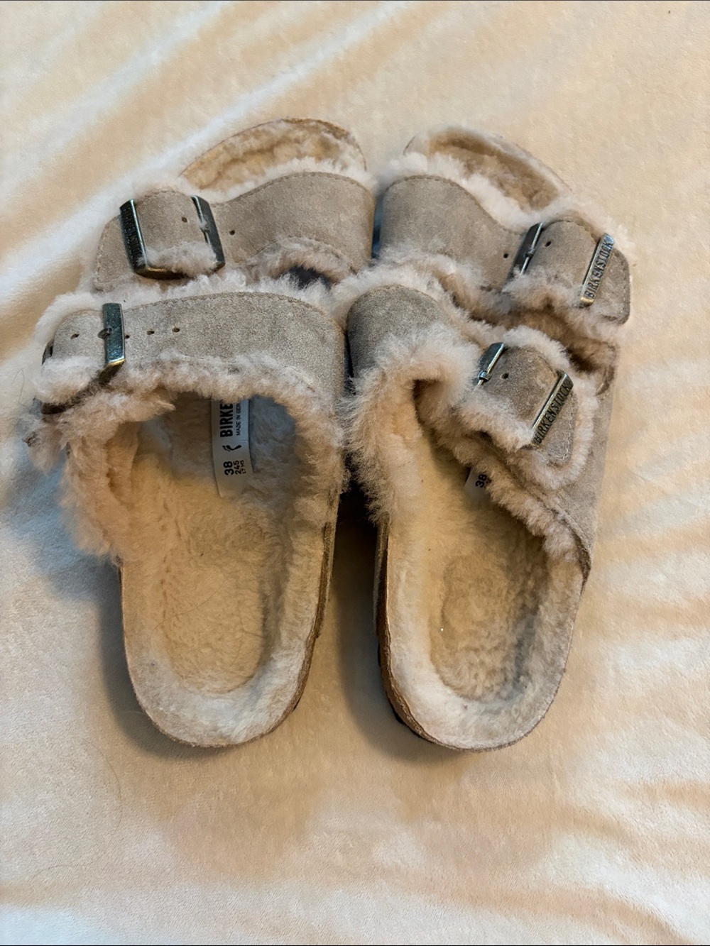 Birkenstock Soft Plush Shearling Double Buckle Sandals in Beige
